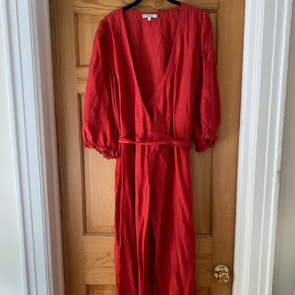 Madewell Red Linen-blend Ruffle-cuff Wrap Dress